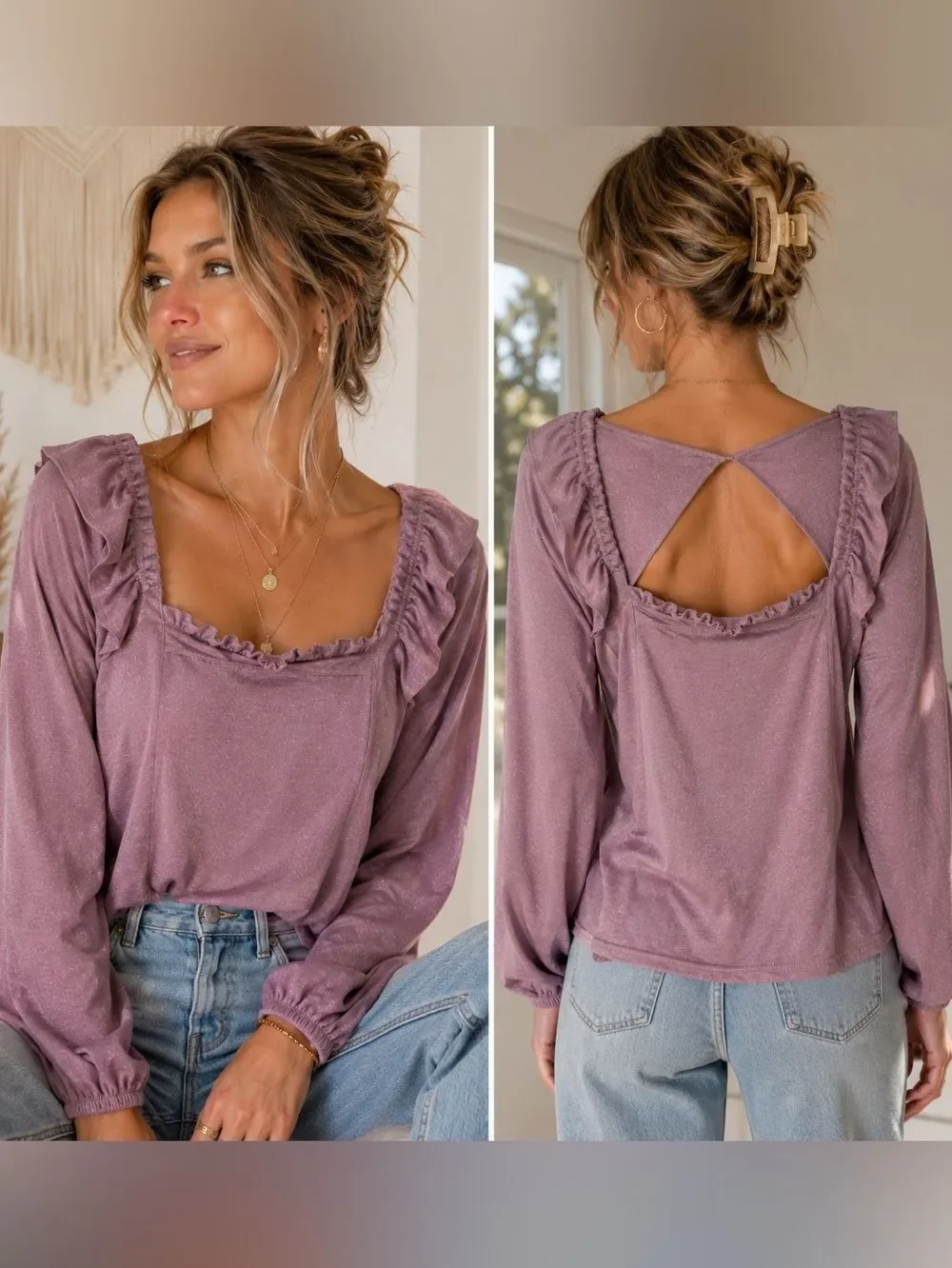 Free People Mauve Ruffle Scoop Back Shimmer Blouse Boho XL NWT